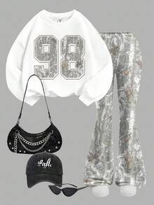 SHEIN Leap Crew 秋季迷彩树枝树叶图案，运动数字98印花，复古甜美美式校园风格，网眼淑女，城市漫步街头风，休闲校园运动，少女针织圆领字母图案宽松卫衣和喇叭裤两件套，复古街头风，轻松舒适，儿童秋季叠穿，2000年代风格，Y2K服饰，冬装，运动服 - 彩色 - 查看 2
