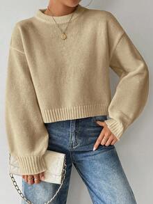 EMERY ROSE Women's Solid Color Simple Casual Crew Neck Long Sleeve White Sweater - Apricot - View 4