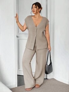 Lounesse Plus Size Women Casual All-Match Solid Color Knitted 2 Pieces Set, Comfortable & Versatile For Urban Slouchy Lifestyle/Winter - Khaki - View 6