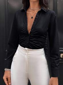 EURMUSE Cotton Solid Ruched Button Front Shirt - Black - View 3