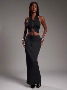 NYA SZN 裙子高腰修身纹理拉链日常休闲商务休闲办公室活动办公室教师早午餐场合超长女士服装 - 黑色 - 查看 1