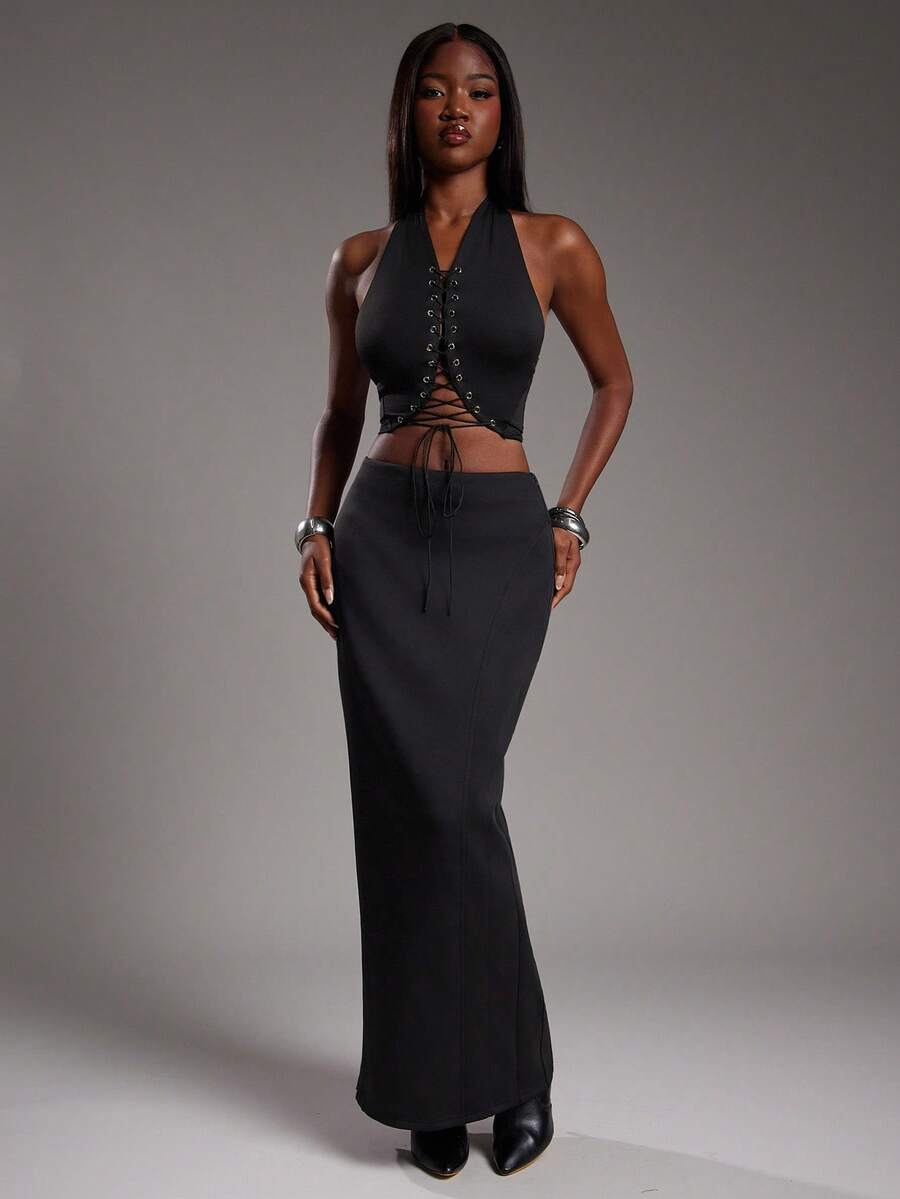 NYA SZN 裙子高腰修身纹理拉链日常休闲商务休闲办公室活动办公室教师早午餐场合超长女士服装 - 黑色 - 查看 1