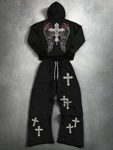PAVTROS Bộ 2 món áo hoodie và quần ống loe Cross Angel Wings thu/đông dành cho nam - màu đen - Xem 3