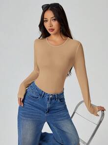 SHEIN PETITE Solid Long Sleeve Slim Fit White T-Shirt Bodysuit