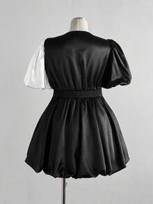 Sunspun 万圣节撞色简约甜美泡泡袖短腰束腰连衣裙 - 黑與白 - 查看 2