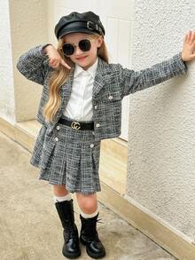 SHEIN Elladie kids Bộ đồ cho bé gái gồm áo sơ mi màu trắng bạc dễ thương phối cùng áo khoác chấm bi đen trắng và chân váy xếp ly kiểu dáng thường ngày, thích hợp cho mùa thu/đông. - màu đen - Xem 3