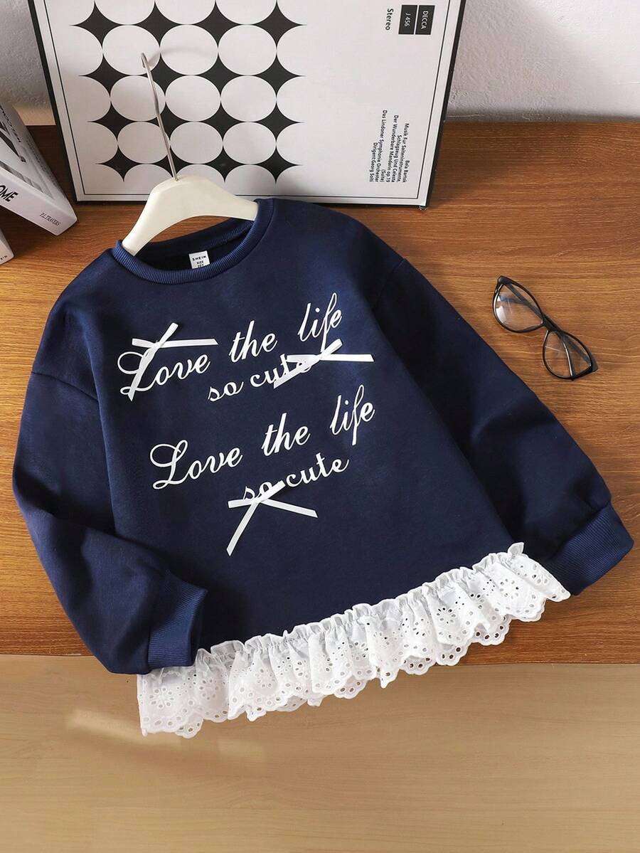 Genkimix Kids Tween Girls' Fashion Korean Style Simple English Letter Slogan Print 3D Ribbon Bow Decor Contrast Color Patchwork Ruffle Trim Navy Blue Sweatshirt Crew Neck Pullover For Autumn Fall Winter - Royal Blue - View 1