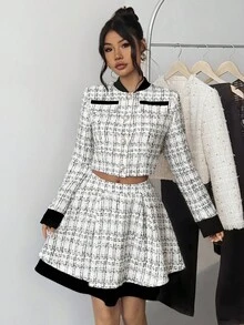 SHEIN 2件套少女粗花呢长袖上衣和迷你裙时尚套装 - 黑與白 - 查看 4