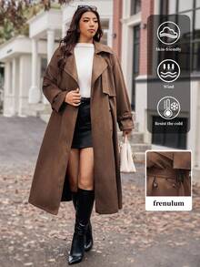 Vionelle Plus Size Women's Woven Lapel Double-Breasted Long Sleeve Cinched Cinched Waist Vintage Elegant Long Trench Coat Winter Fall Autumn Winter Coat Long Coat Women Coats Trench Coat Women Brown Outfits For Women - Coffee Brown - View 6