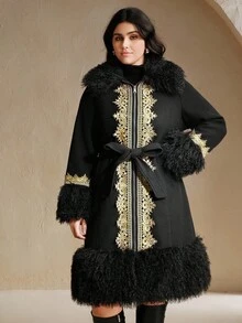 Anewsta Manteau en laine mélangée vintage brodé de ruban moelleux pour femmes grandes tailles, automne/hiver. Élégant, chic, , convient pour Noël, sortie