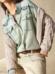 Bohemela 女士休闲纯色梭织宽松长袖牛仔衬衫 - 淺藍色 - 查看 2