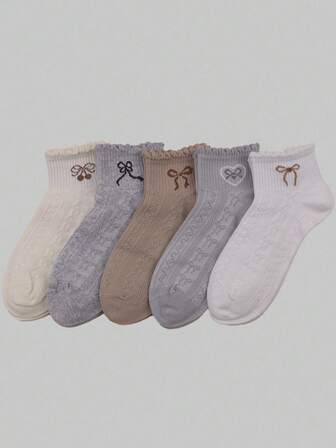 Kawaii 5 Pairs Bow & Ruffle Trim Collegiate Style Women Ankle Socks