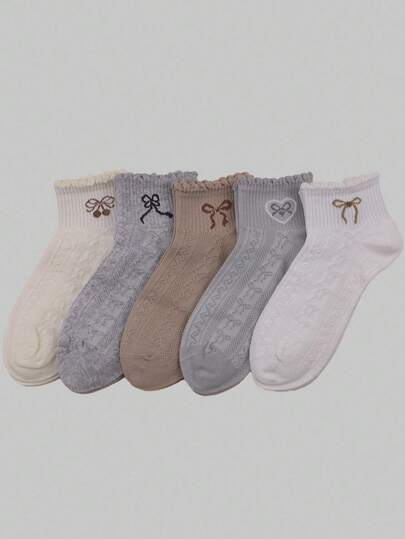 Kawaii 5 Pairs Bow & Ruffle Trim Collegiate Style Women Ankle Socks