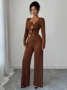 Elenzga Women's Elegant Office Commute Afternoon Tea Party Asymmetric Hem Long Sleeve Blazer Jacket And Elastic Waist Pants 2 Pieces Suit Set, Autumn/Winter Fall Cloth For Women - Brown - View 5