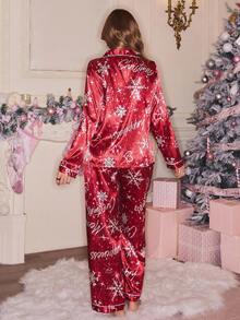 休闲年轻女士多色缎面圣诞睡衣套装长袖翻领字母雪花印花带口袋常规版型红色丝绸睡衣红色缎面睡衣女士红色睡衣睡衣套装女士冬季、秋季服装 - 彩色 - 查看 2