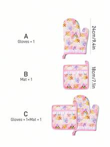SHEIN X Care Bears Cute Heart Bear Lace Pattern Kitchen Heat Resistant Set, Oven Mitts/Pot Holders, Essential For Baking, Effectively Insulate Heat, Rainbow All-Over Print - Pink - View 2
