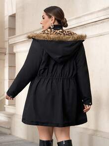SHEIN Clasi Plus Size Women Leopard Print Lined Long Sleeve Zip Front Drawstring Waist Hooded Parka Jacket,Black,Autumn,Casual,Hiking Warm Outerwear With Pocket - Black - View 4
