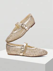 MOTF PREMIUM Giày lưới đánh cá kiểu Pháp cổ điển màu vàng kim mới cho mùa xuân và hè, giày nữ có chữ "word" kết hợp với giày ba lê, mũi vuông, đế bằng, kiểu Mary Jane, nhẹ, thoải mái và đa năng, thoáng khí và bền, không gây đau chân, thanh lịch thường ngày, giày đi biển cao cấp. - Vàng - Xem 8