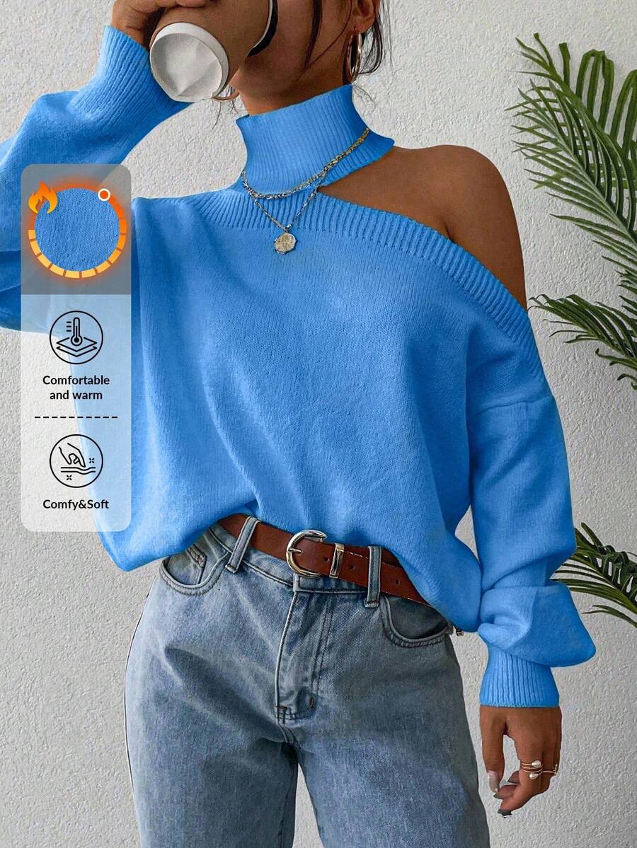 EURMUSE Solid Cut Out High Neck Drop Shoulder Sweater - Blue - View 1