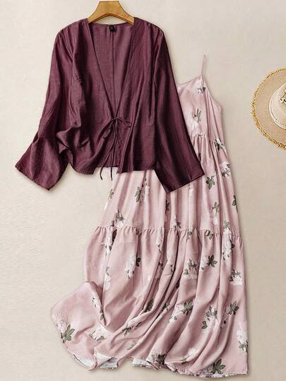 SHEIN LUNE 2pcs/Set Plus Size Women Casual Linen Sleeveless Printed Maxi Dress & Long Sleeve Tie-Up Jacket