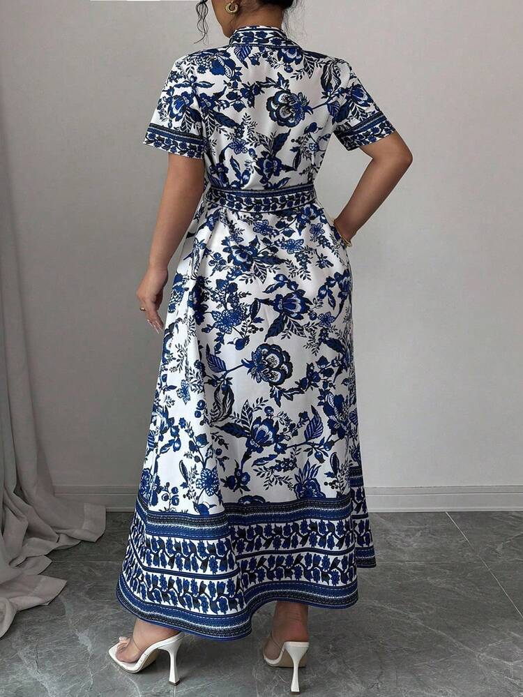 Elenzga Plus Size French Placket Short Sleeve Shirt Dress, Blue & White Cashew Flower Pattern, Cinched Cinched Waist A-Line Silhouette, Elegant For Work/Casual Wear, Spring/Summer - Blue and White - View 2
