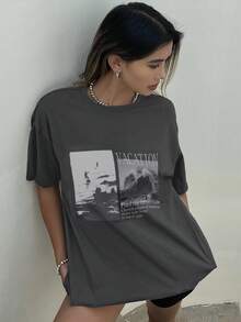 Livesso 宽松短袖圆领女式T恤，带图案字母印花，夏季，图案T恤 - 深灰色 - 查看 5