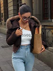 Women's Fluffy Trim Hooded Padded Coat, Winter Jacket - Coffee Brown - View 7