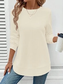 EMERY ROSE Plus Size Casual Solid Color Crew Neck Sweatshirt/ Winter - White - View 6
