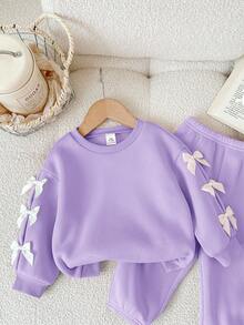 2 件女婴可爱紫色蝴蝶结长袖运动衫和松紧腰裤套装，秋冬 - 紫色 - 查看 7