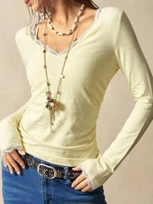 Bohemela Áo thun nữ tay dài cổ chữ V trơn màu, dáng thường ngày cho mùa thu/đông - Màu vàng - Xem 2