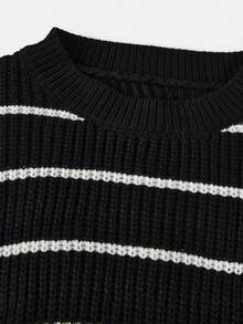 SHEIN TEENGIRL 黑白条纹基本款休闲圆领宽松灯笼袖毛衣，返校季学院风家居服套头衫，秋冬款 - 黑與白 - 查看 3