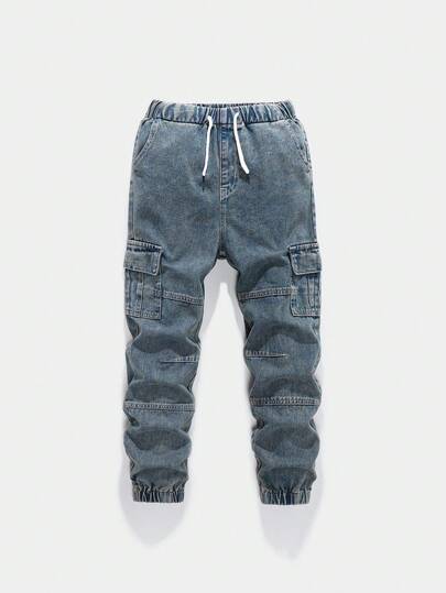 Vintage Casual Streetwear Loose Comfortable Multi-Pocket Elastic Waist Drawstring Cuffed Jeans Cargo Pants For Tween Boys Fall Winter