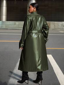 Slaydiva Autumn/Winter New Arrivals, Suitable For Easter, Western, Beach, Bohemian, Boho, Festival, Vintage, Country Music, Outdoor, Fairy, Holiday, Airport, Western, Tropical Vacation Styles, Spring/Summer Green Trench Coat Plus Size Trench Coat Faux Leather Trench Coat Women Trench Coat Long Green Coat Fall - Green - View 14