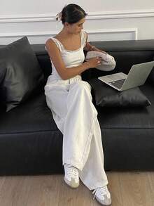 Livesso 女士纯色宽松哈伦牛仔裤，长款女式牛仔裤 - 白色 - 查看 3