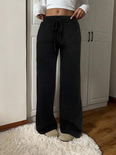 SHEIN EZwear Pantalones de punto casuales y sueltos con cordón en la cintura, unicolor, para otoño/invierno