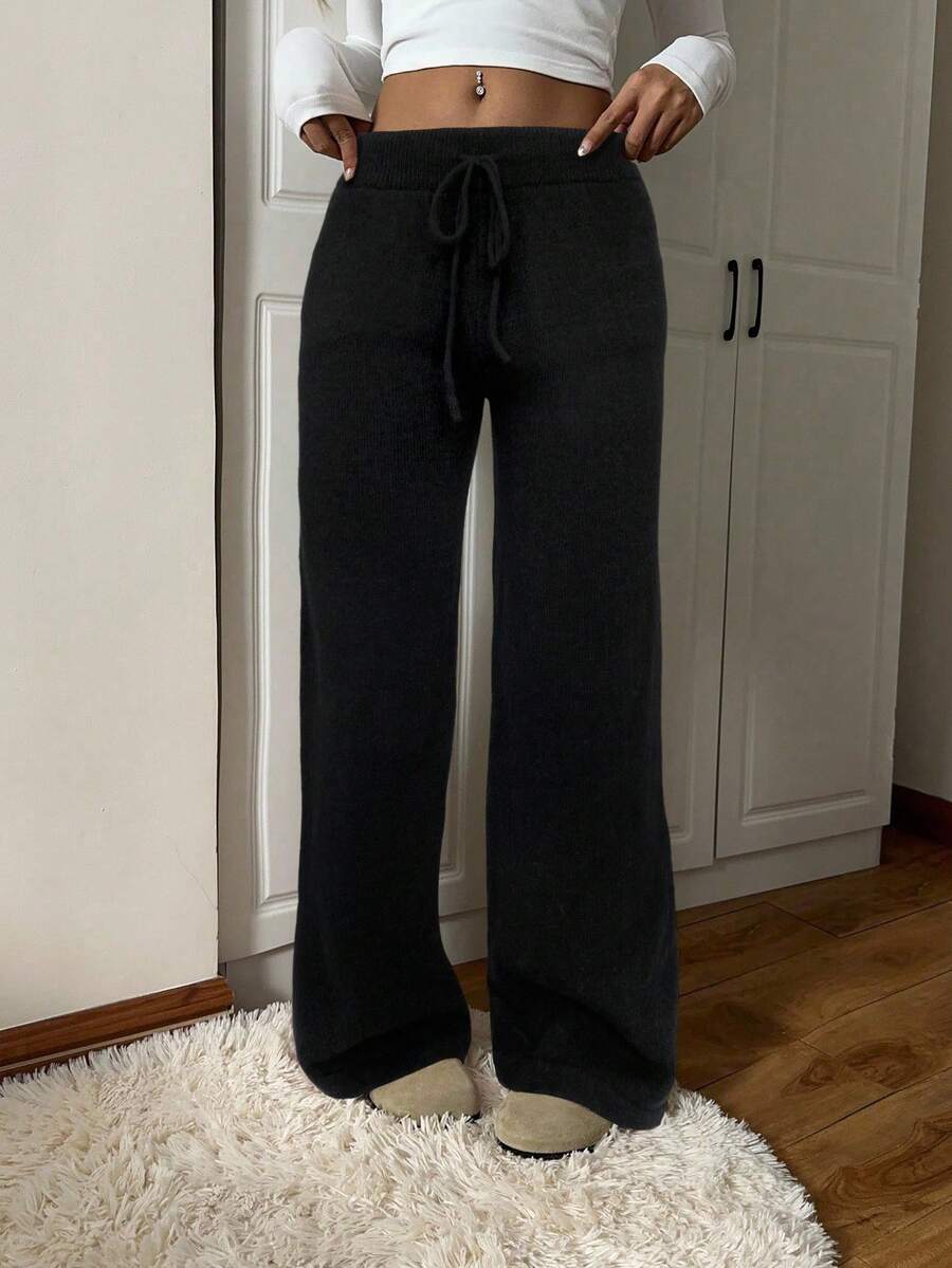 SHEIN EZwear Pantalones de punto casuales y sueltos con cordón en la cintura, unicolor, para otoño/invierno