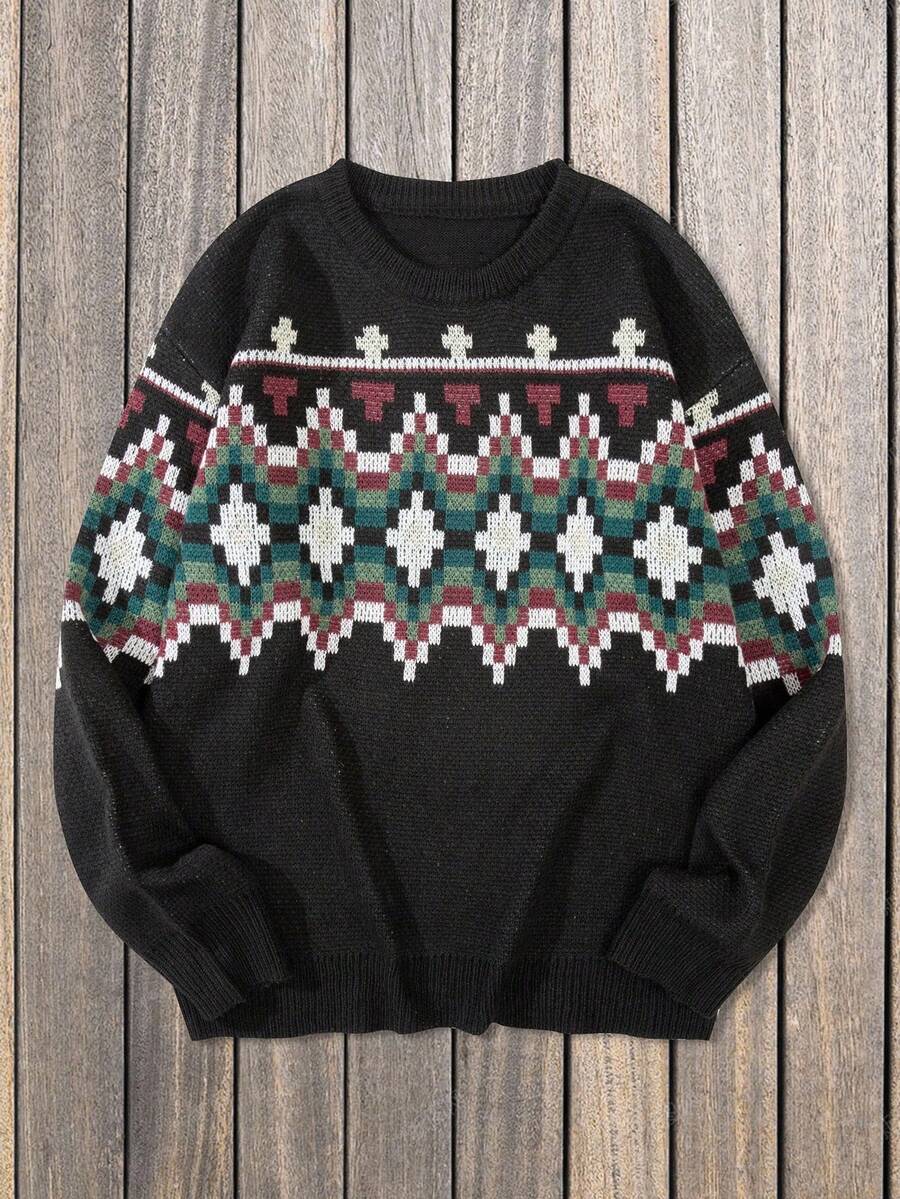 Manfinity Homme Men's Casual Retro Geometric Pattern Crew Neck Sweater, Autumn/Winter - Multicolor - View 1