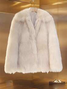 Franclia 狐狸毛纹理仿皮草夹克，女式毛茸茸外套 - 杏色 - 查看 1