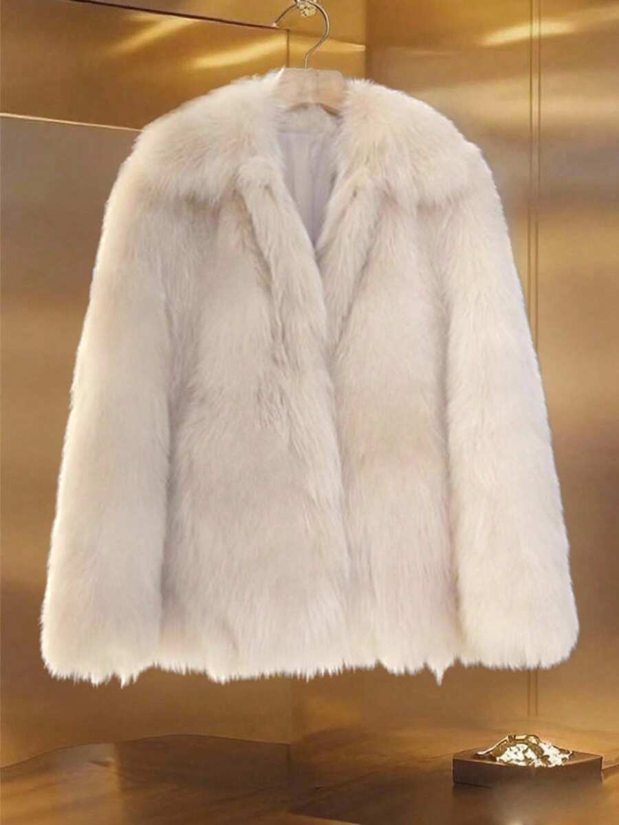 Franclia 狐狸毛纹理仿皮草夹克，女式毛茸茸外套 - 杏色 - 查看 1