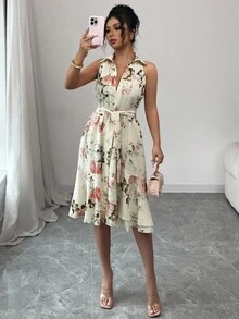 Elenzga Women Floral Print Elegant Romantic Ladies Dress - Multicolor - View 5