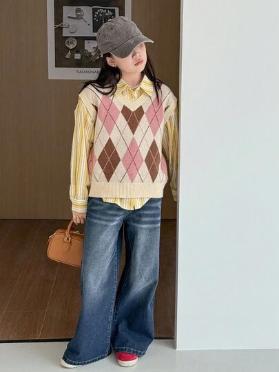 DAZY Tween Girl Argyle Mönstrad V-ringad Avslappnad Stickad Väst, Höst/Vinter