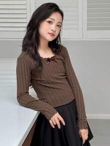 Dazy Kids Tween Girls Crew Neck Fitted Knit T-Shirt, Fall - Brown - View 4