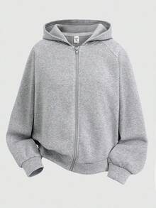 SHEIN Girlism 少女灰色保暖内衬卫衣，纯色长袖百搭套头衫，秋冬季休闲学院风卫衣，灰色拉链卫衣，青少年拉链卫衣，灰色拉链卫衣，少女拉链卫衣，儿童拉链卫衣，青少年拉链卫衣 - 灰色 - 查看 1