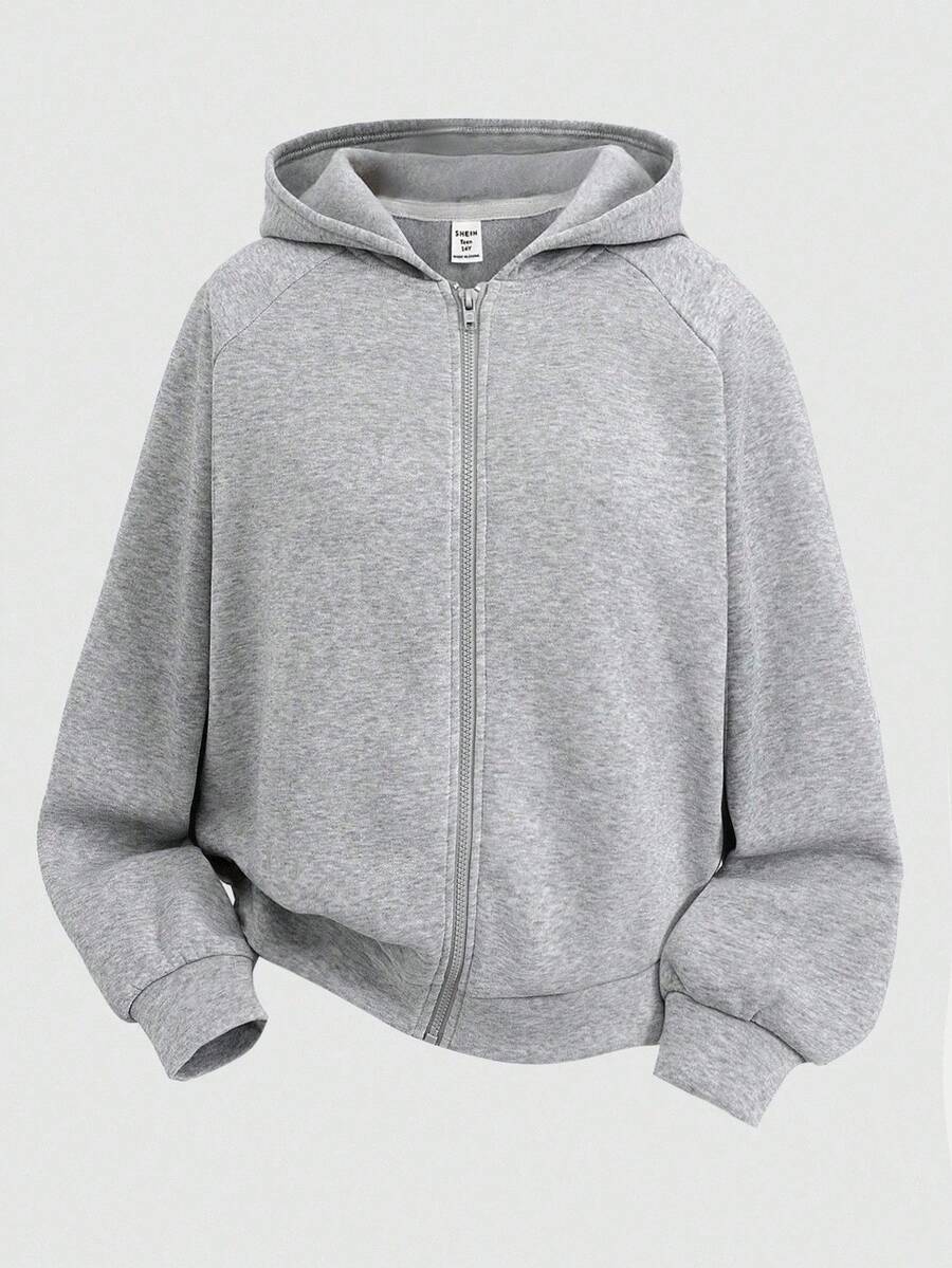 SHEIN Girlism 少女灰色保暖内衬卫衣，纯色长袖百搭套头衫，秋冬季休闲学院风卫衣，灰色拉链卫衣，青少年拉链卫衣，灰色拉链卫衣，少女拉链卫衣，儿童拉链卫衣，青少年拉链卫衣 - 灰色 - 查看 1