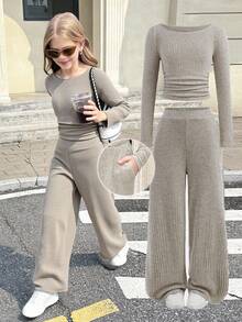 SHEIN 青少年女孩秋冬休闲时尚百搭罗纹露肩/露肩两用 T 恤上衣带口袋和直筒裤套装，适合周末、休闲外出、返校