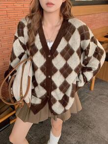 DAZY Women's Loose Casual Plaid & Diamond Pattern Color Block Long Cardigan, Suitable For Autumn & Winter