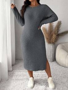 SHEIN Frenchy Plus Size Casual Solid Color Side Slit Dress - Grey - View 4