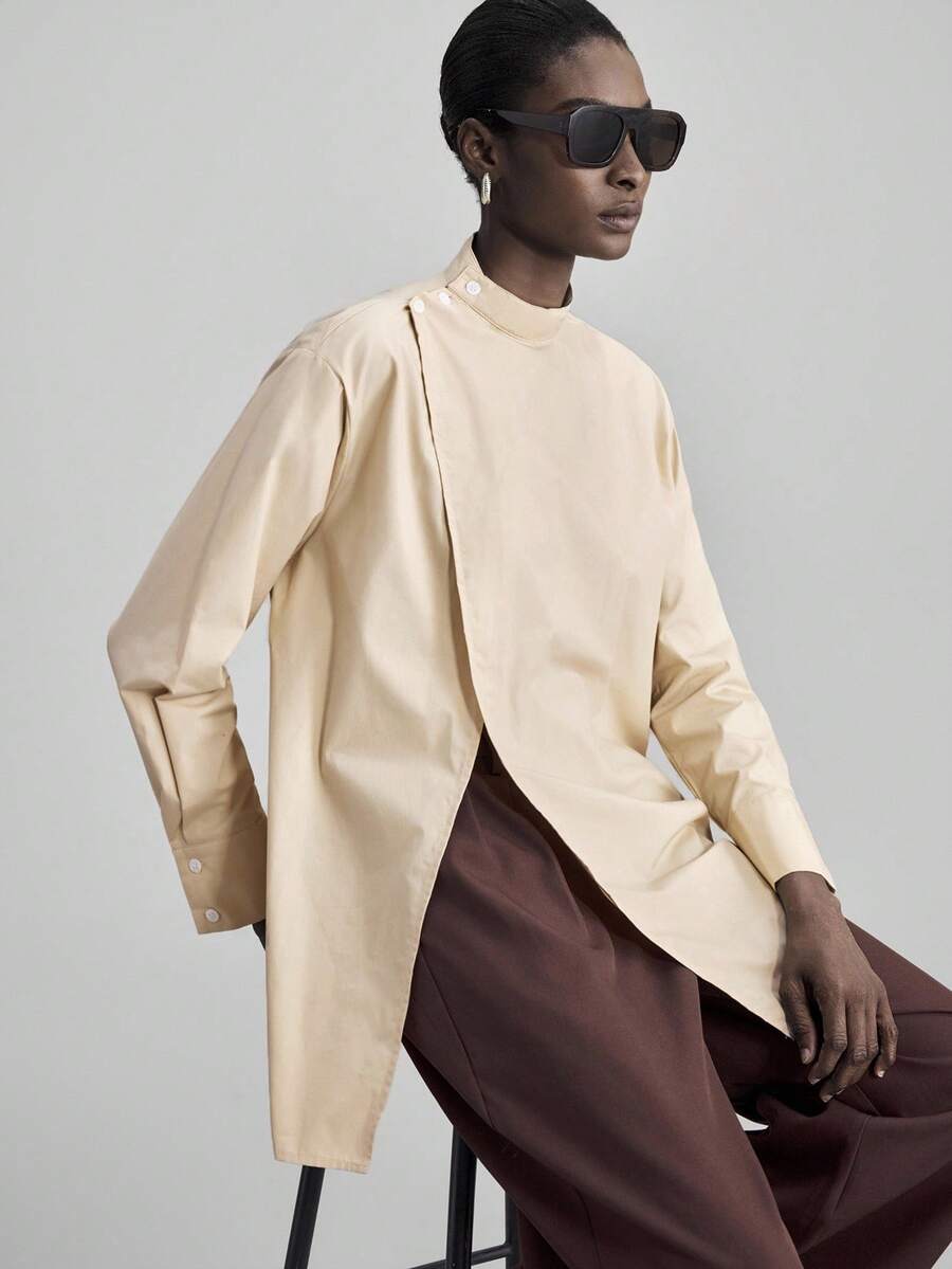 Ontre 2026春夏女士优雅长袖衬衫，适合独立日、海滩、度假、毕业典礼、办公室、商务、休闲等场合，纯色，侧开衩下摆，百搭