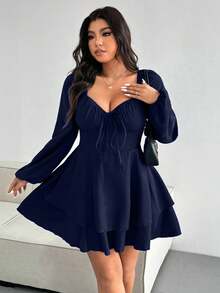 Clasi Vestido elegante de talla grande de unicolor con cintura anudada y doble dobladillo - Azul marino - Ver 2