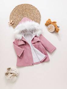 SHEIN Manteau à capuche rose mignon doublé de thermique, polyvalent pour l'automne/l'hiver, bébé fille - Rose bonbon - Voir 4